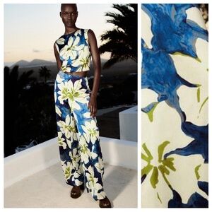 Zara Blue and White Floral Wide Leg Jumpsuit